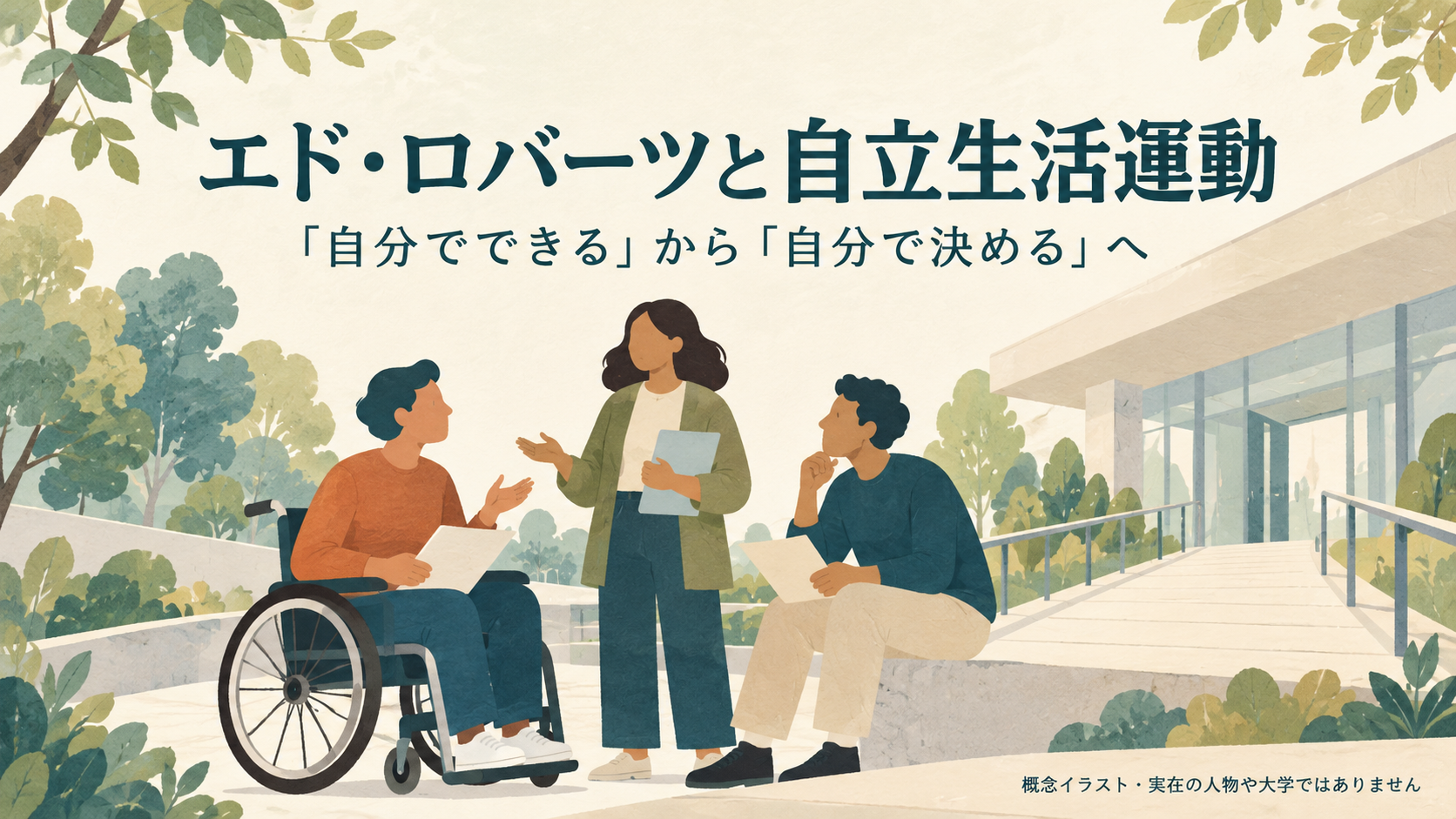 架空の大学の入口で、車いす利用者を含む3人が対等に話し合う概念イラスト。実在のエド・ロバーツ本人やバークレー校を描いたものではありません。