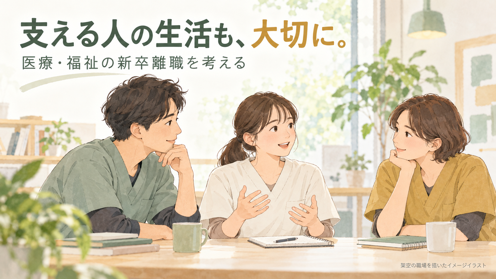 支える人の生活も大切に。架空の医療・福祉の職場で、若手と同僚が対等に語り合うイメージイラスト。実在の人物・施設を描いたものではありません。