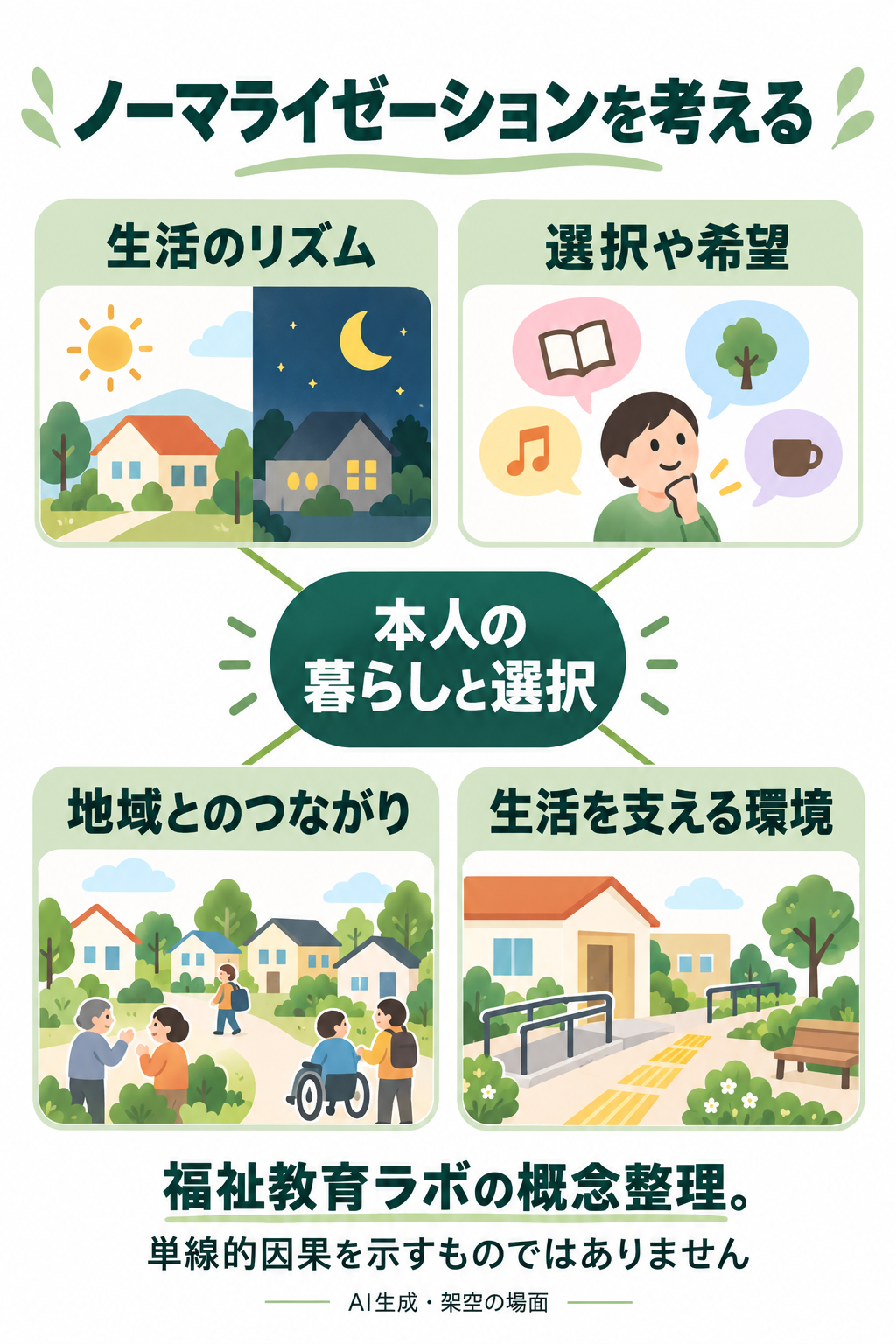 AI生成の架空場面を用いた福祉教育ラボの概念整理。「本人の暮らしと選択」と、生活のリズム、選択や希望、地域とのつながり、生活を支える環境を結ぶ図。単線的因果を示すものではなく、実在人物・施設の再現ではありません。